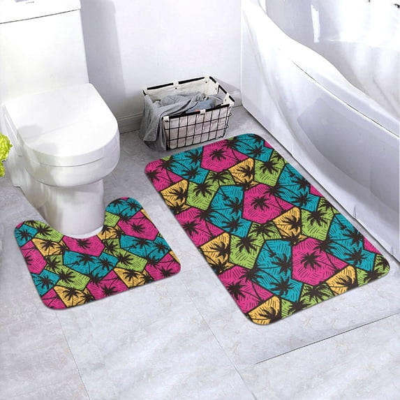 Honeii Hawaii Palms Pattern Bathroom Anti-Skid Pad Bathroom Mat Vintage Seamless Pattern Not-Slip Toilet Rug Set