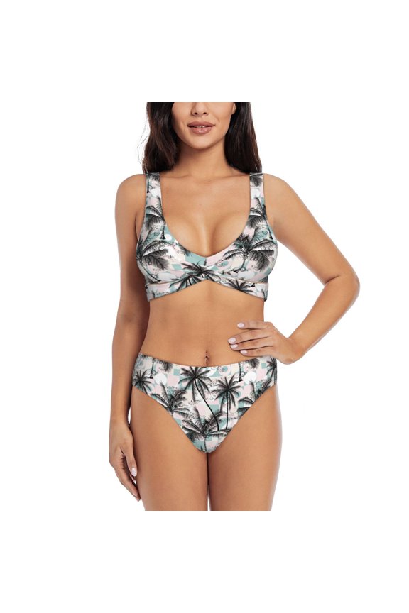 Hawaii Palms Print Women’s Bikini Set,Two Piece Swimsuit Bathing Suits,Stylish High Elasticity Swimwear for Beach and Pool