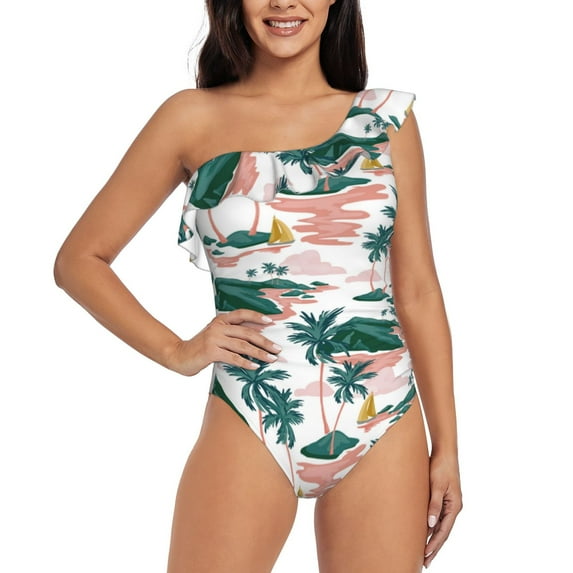 Honeii Hawaii Palms for women's one-piece swimsuit featuring a chic one-shoulder design experience elegance and style in the water-Medium