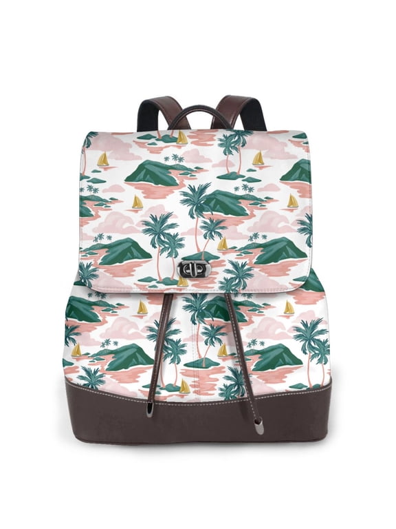 Hawaii Palms rint Leather Backpack,Trendy Leather Backpack,PU Leather Daypack, Ideal for Work, School, Nurse, College & Travel