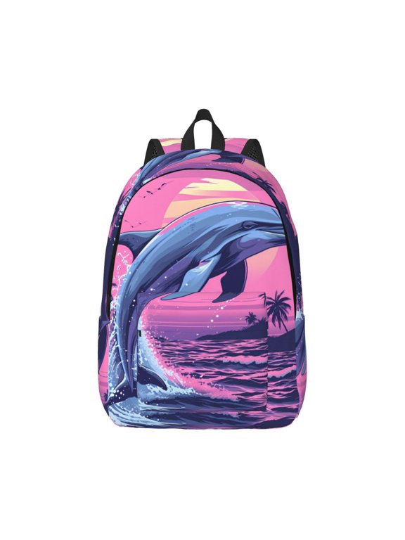 Hawaiian Beach Dolphin Print Canvas College Laptop Backpack, Durable Rucksack Travel Notebook Bag School Backpack Book Bag for Men Women-Medium