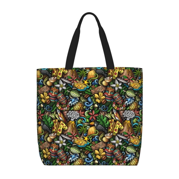 Honeii Hawaiian Culture Symbols Print Tote Bag, Reusable Grocery Shopping Bag,Shoulder Bag with Inner Pocket