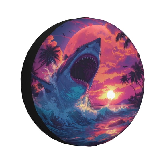 Honeii Hawaiian Island Beach Shark Print Tire Covers, Waterproof Anti-UV Sun Snow Rain Tire Covers for Trailers, RV, Camper, SUV, Truck-14 inch