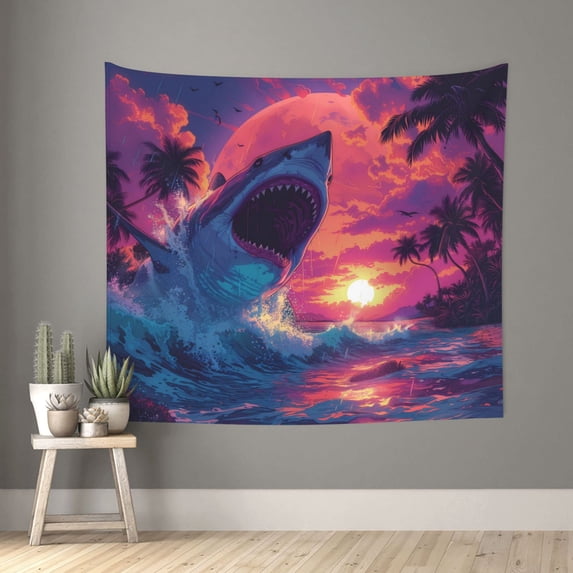 Honeii Hawaiian Island Beach Shark print Tapestry for Bedroom, Tapestry Wall Tapestry Aesthetic, Room Decor Classroom Tapestries for Living Room Dorm Room 51" X 60"