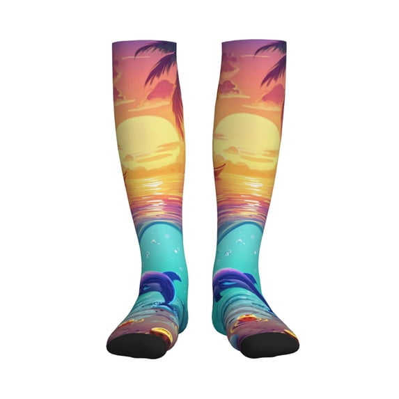 Honeii Hawaiian Island Dolphin Print Sports Compression Socks,Running Crew Socks,Moisture-Wicking Anti-Blister Hiking&Gym Athletic