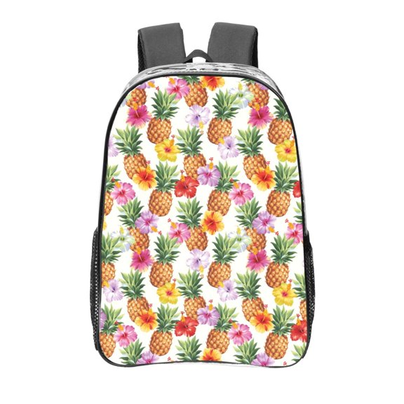 Honeii Hawaiian Pineapples And Hibiscus Flowers Print Clear Backpack Heavy Duty Transparent Bag 17" See Through BookBag for Women Men Adults Work Festival Sports Travel