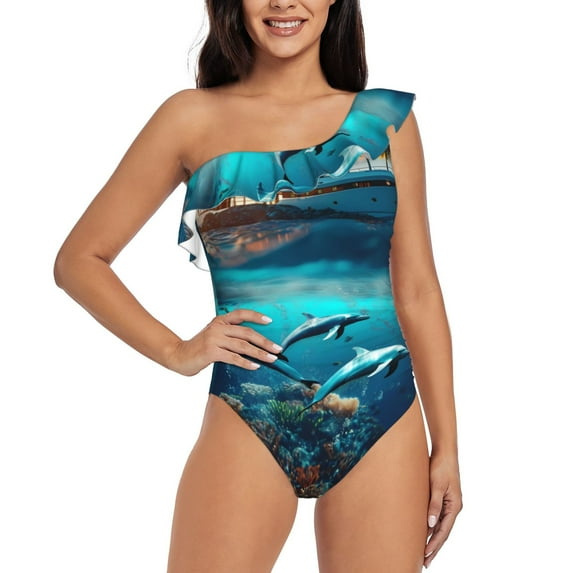 Honeii Hawaiian Ship Dolphin for women's one-piece swimsuit featuring a chic one-shoulder design experience elegance and style in the water-XX-Large