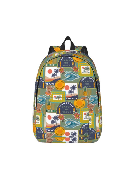 Hawaiian Style Print Canvas College Laptop Backpack, Durable Rucksack Travel Notebook Bag School Backpack Book Bag for Men Women-Small