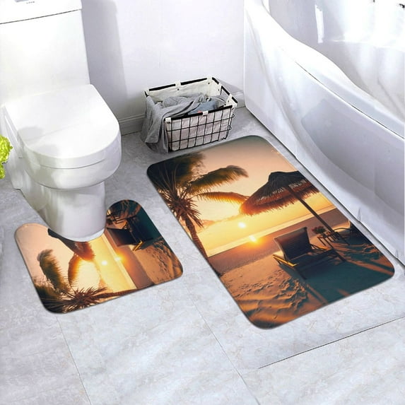 Honeii Hawaiian Sunset Beach Pattern Bathroom Anti-Skid Pad Bathroom Mat Vintage Seamless Pattern Not-Slip Toilet Rug Set