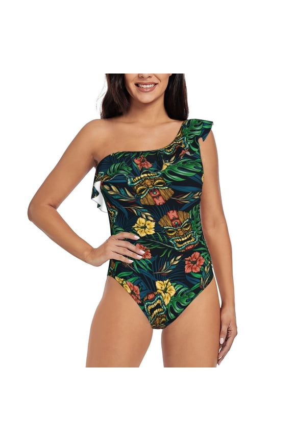 Hawaiian Tribal Mask for women's one-piece swimsuit featuring a chic one-shoulder design experience elegance and style in the water-Small