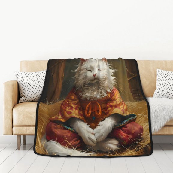 Honeii Haystack Meditating Cat for Throw Blanket for Couch - Thick Blanket, Soft Fuzzy Plush Throw Blanket for All Seasons, Double Sided Blanket,50x60 In