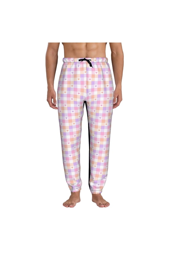 Heart Buffalo Plaid Print Mens Jogger Sweatpants, Men's Lounge Pants with Pockets-X-Large