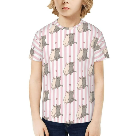 Honeii Heart Cat Print Kids Boy T-Shirt,Breathable Round Neck Tee,Stylish Summer Tee for Boys, for Outdoor Activities and Casual Wear