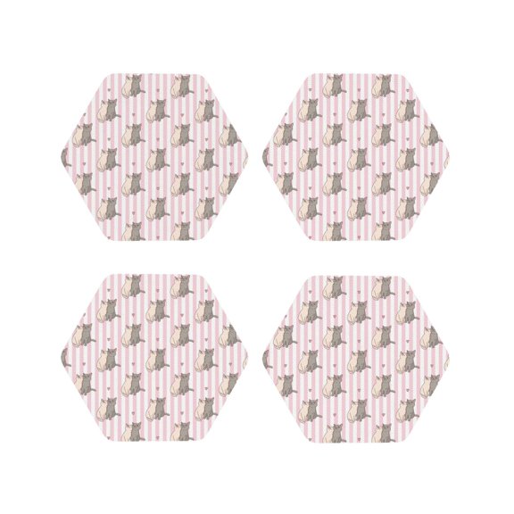 Honeii Heart Cat print Leather Coaster Set of 4, ideal for safeguarding your furniture from drinks spills and effortless cleanup-Hexagon