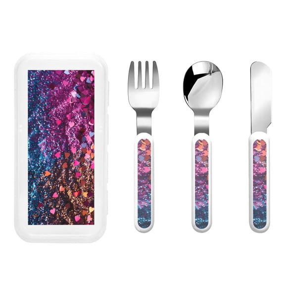 Honeii Heart Confetti on Glitter Print Children's Knife, Fork And Spoon Set,Reusable Utensils Set with Case,Travel Cutlery Set,for Kids Adults Camping