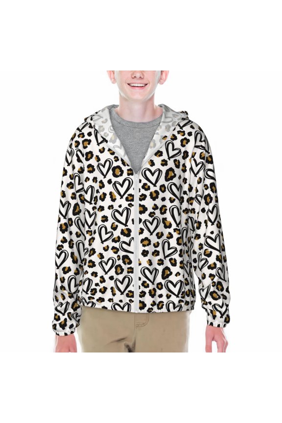 Heart Leopard Print Sun Protection Jacket Hooded Cooling Shirt with Pockets Hiking Outdoor Performance-