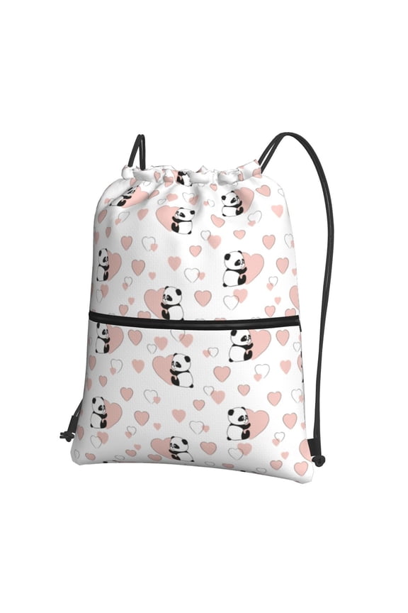 Heart Panda Print Drawstring Backpack,String Bag,Sackpack Cinch Water Resistant Nylon for Gym Shopping Sport Yoga