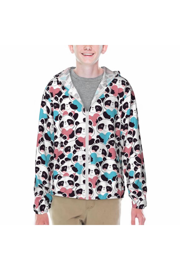 Heart Panda Print Sun Protection Jacket Hooded Cooling Shirt with Pockets Hiking Outdoor Performance-Small