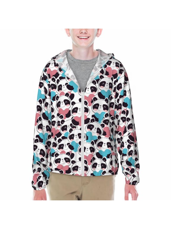 Heart Panda Print Sun Protection Jacket Hooded Cooling Shirt with Pockets Hiking Outdoor Performance-Small