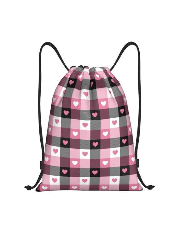 Heart Plaid Print Drawstring Backpack,Drawstring Bags String Backpack Gym Cinch Sack Backpack Sport Bag Draw-Small