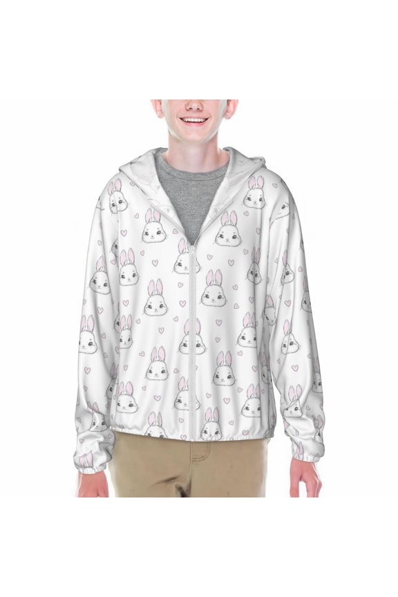 Heart Rabbit Print Sun Protection Jacket Hooded Cooling Shirt with Pockets Hiking Outdoor Performance-Small