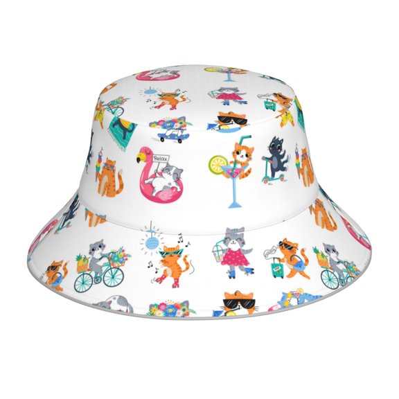 Honeii Hello Summer Cat for Unisex Bucket Hat Waterproof Rain Hat Reversible Shiny Rave Bucket Hat for Concert Festival Boonie Cap