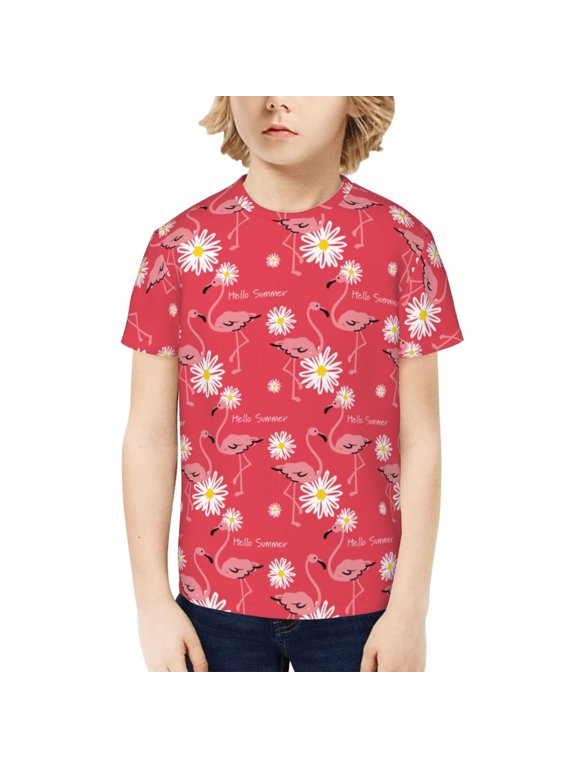 Hello Summer Flamingo Print Kids Boy T-Shirt,Breathable Round Neck Tee,Stylish Summer Tee for Boys, for Outdoor Activities and Casual Wear