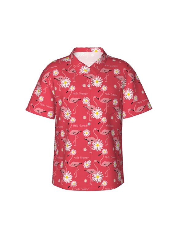 Hello Summer Flamingo Print Men’s Hawaiian Shirt,Classic Button-Down Short Sleeve Shirt, for Beach, Vacation, and Outdoor Activities,Small