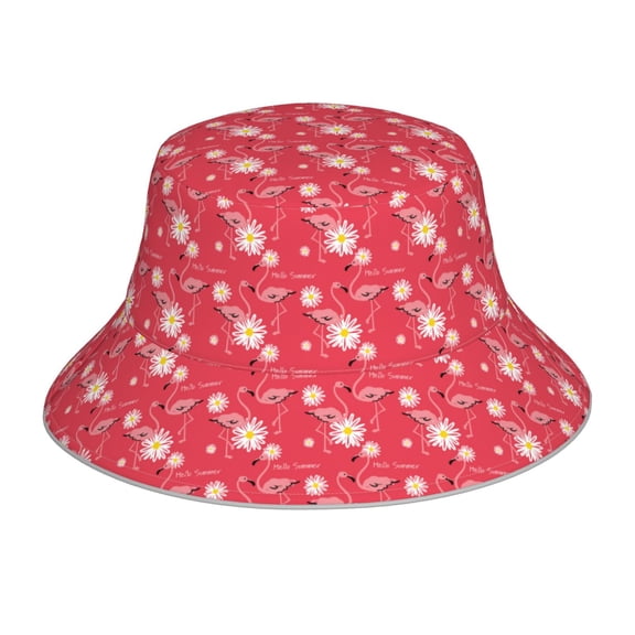 Honeii Hello Summer Flamingo for Unisex Bucket Hat Waterproof Rain Hat Reversible Shiny Rave Bucket Hat for Concert Festival Boonie Cap