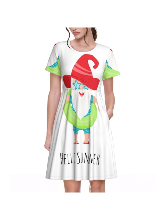 Hello Summer Gnome 2 Print Women’s Short Sleeve Dress, Comfortable Casual Dress, Soft Polyester Spandex Blend, Stylish Everyday Wear for Summer, Perfect for Travel and Vacation