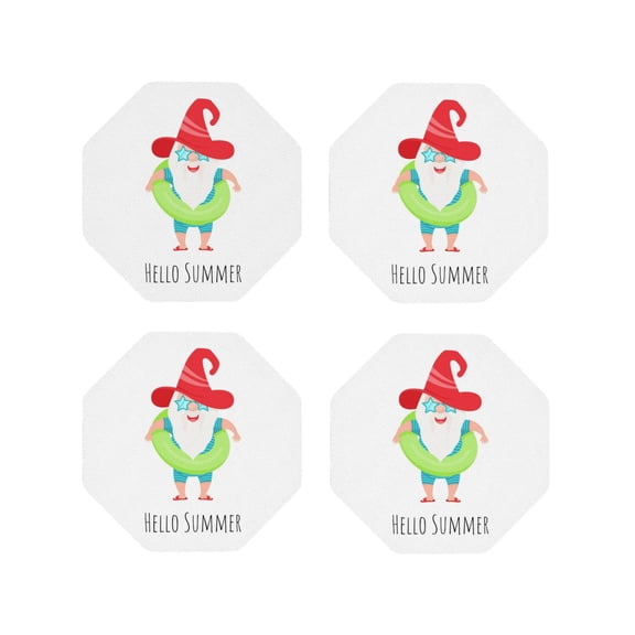 Honeii Hello Summer Gnome 2 print Leather Coaster Set of 4, ideal for safeguarding your furniture from drinks spills and effortless cleanup-Octagon