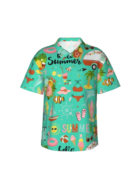 Hello Summer Print Men’s Hawaiian Shirt,Classic Button-Down Short Sleeve Shirt, for Beach, Vacation, and Outdoor Activities,Small