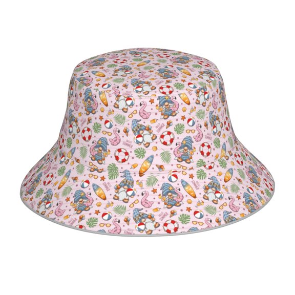 Honeii Hello Summer With Gnome for Unisex Bucket Hat Waterproof Rain Hat Reversible Shiny Rave Bucket Hat for Concert Festival Boonie Cap