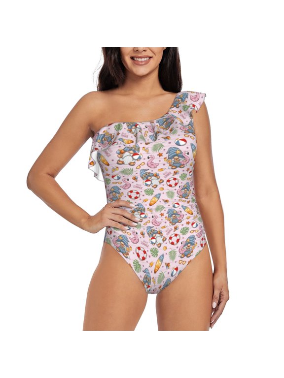 Hello Summer With Gnome for women's one-piece swimsuit featuring a chic one-shoulder design experience elegance and style in the water-Medium