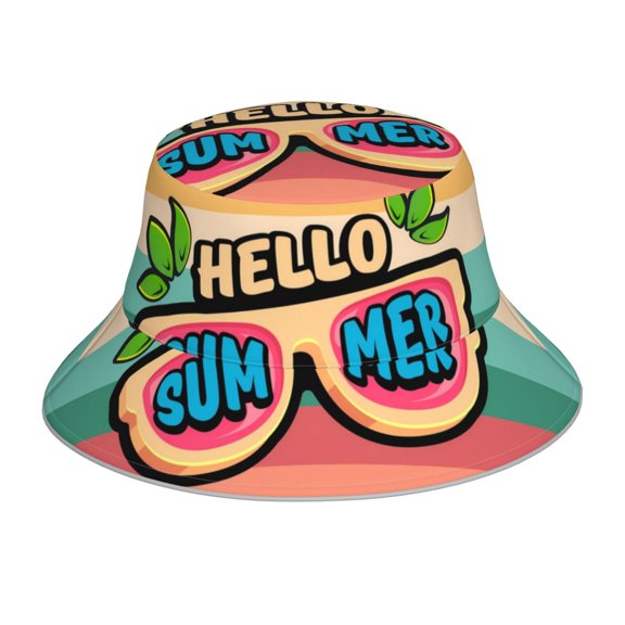 Honeii Hello Summer for Unisex Bucket Hat Waterproof Rain Hat Reversible Shiny Rave Bucket Hat for Concert Festival Boonie Cap