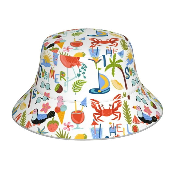Honeii Hello Summer2 for Unisex Bucket Hat Waterproof Rain Hat Reversible Shiny Rave Bucket Hat for Concert Festival Boonie Cap