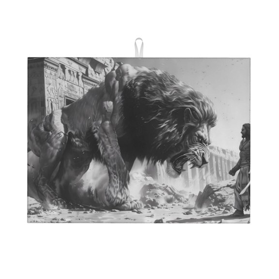 Honeii Heroic Lion Encounter Print Kitchen Drying Mat Coffee Bar Mat Hide Stain Coffee Maker Mat for Countertops Coffee Pot Dish Drying Mat
