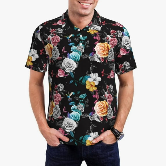 Honeii Hibiscus Rose print Polo Shirt, a classic short-sleeved, button-down golf shirt designed for menLarge