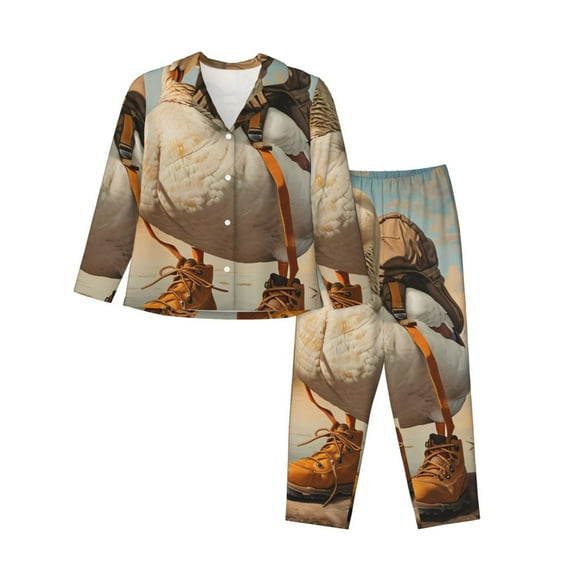 Honeii Hiking Duck print Women's Pajama Sets Long Sleeve Button Down Sleepwear Nightwear Soft Pjs Lounge Sets-Large
