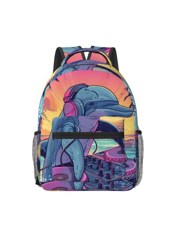 Hip-Hop DJ Dolphin Print Backpack for School,15.6 inch Laptop Back Pack for High School and College Students, Waterproof Computer Bookbag-One Size