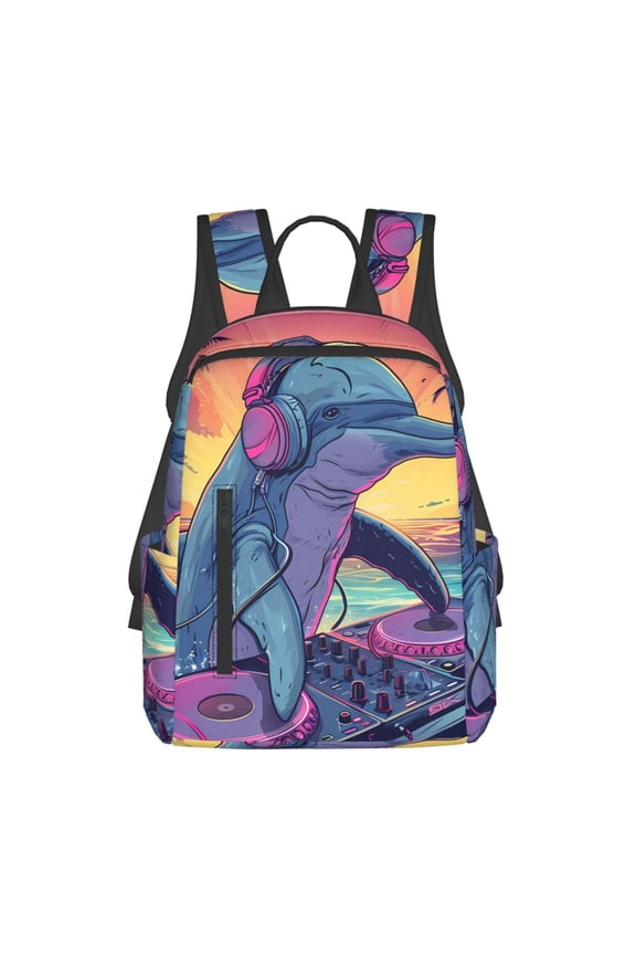 Hip-Hop DJ Dolphin Print Lightweight Backpacks,Carry on Backpack,Durable Backpack for School, Work & Travel