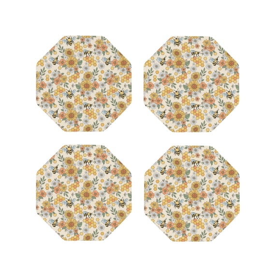 Honeii Hippie Bee Honeycomb print Leather Coaster Set of 4, ideal for safeguarding your furniture from drinks spills and effortless cleanup-Octagon