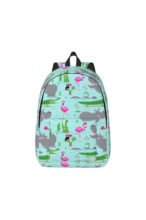 Hippo With Flamingos And Crocodiles Print Canvas College Laptop Backpack, Durable Rucksack Travel Notebook Bag School Backpack Book Bag for Men Women-