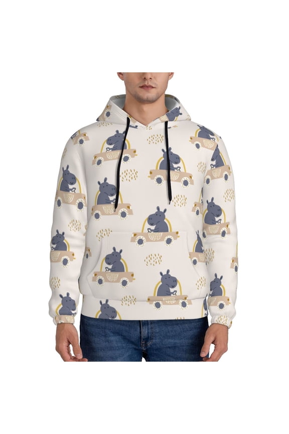 Hippos Driving A Car Pattern Mens Hoodies Men's Loose Sleeve Sweatshirt,Pullover Hooded Sweatshirt for Men,Essentials Hoodie-Small