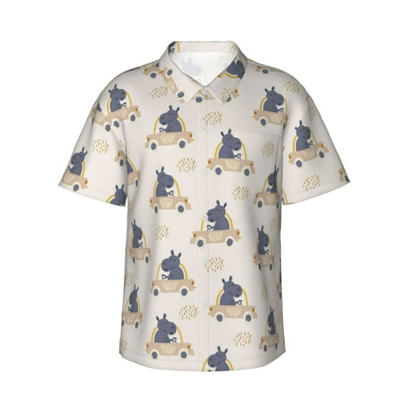 Honeii Hippos Driving A Car Print Men’s Hawaiian Shirt,Classic Button-Down Short Sleeve Shirt, for Beach, Vacation, and Outdoor Activities,3X-Large