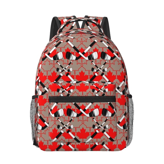 Honeii Hockey With Maple Leaves Print Backpack for School,15.6 inch Laptop Back Pack for High School and College Students, Waterproof Computer Bookbag-One Size