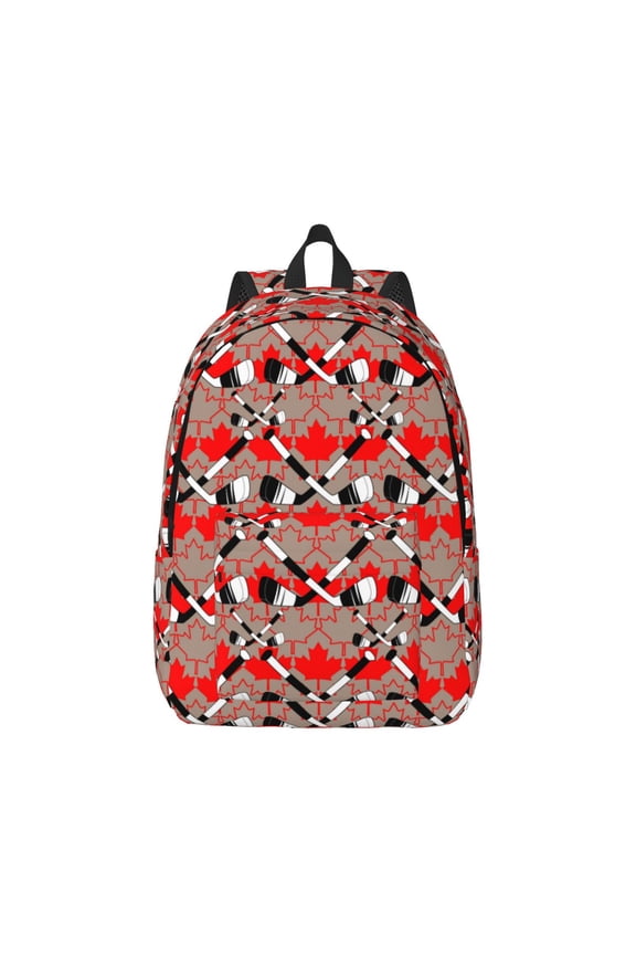 Hockey With Maple Leaves Print Canvas College Laptop Backpack, Durable Rucksack Travel Notebook Bag School Backpack Book Bag for Men Women-Small
