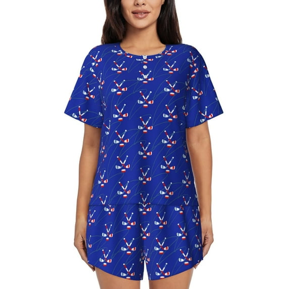 Honeii Hockey for Women's Summer Pajama Set ,Soft Short Sleeve Shirt & Matching Bottoms,Loungewear,2PCS Sleepwear Relaxed Home Wear-Small