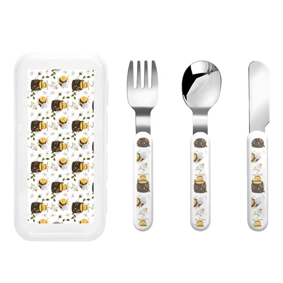 Honeii Honey Bee Insect Print Children's Knife, Fork And Spoon Set,Reusable Utensils Set with Case,Travel Cutlery Set,for Kids Adults Camping