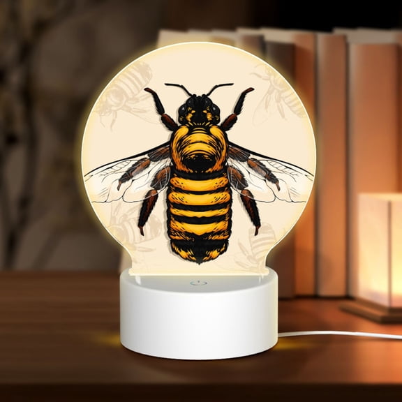 Honeii Honey Bee Print Acrylic LED Night Lamp,Round Touch-Control Night Light with 3 Lighting Modes,for Bedrooms, Living Rooms, and Gifting